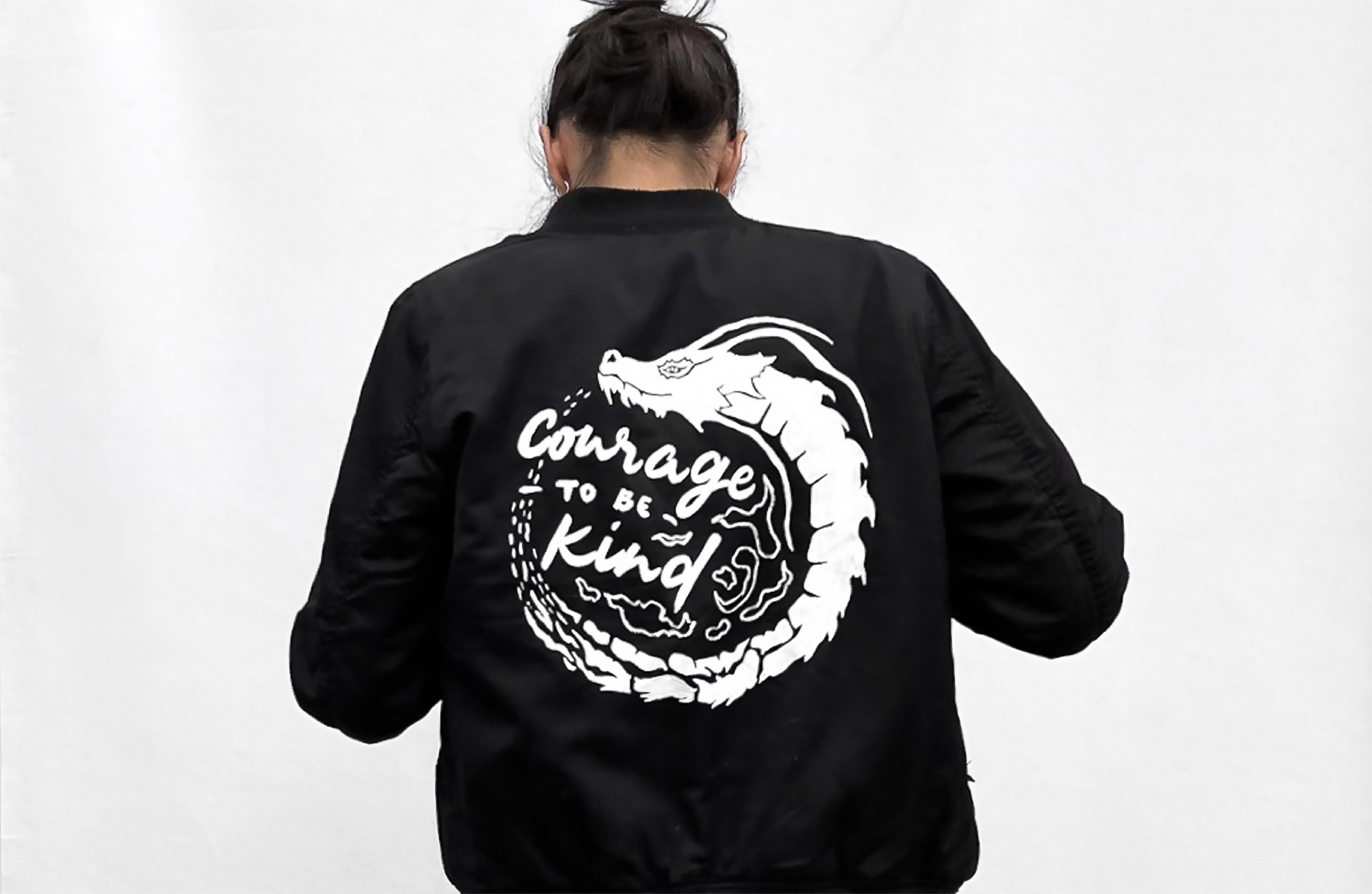 Hand-painted jacket with dragon on the back and sign "courage to be kind"