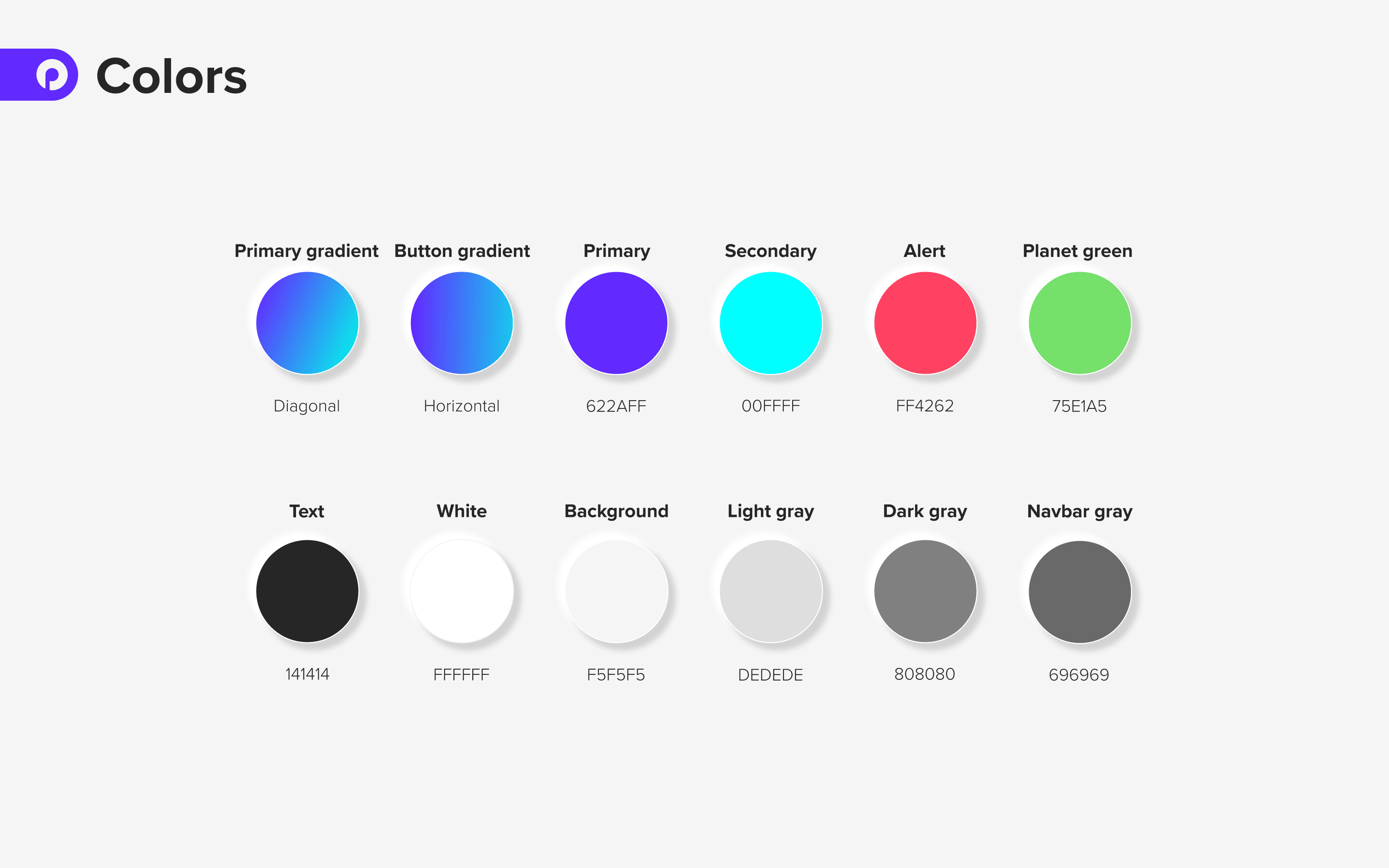 Color palette chart featuring a range of color swatches with names and hex codes for gradients, primary, secondary, alert, and various grays.
