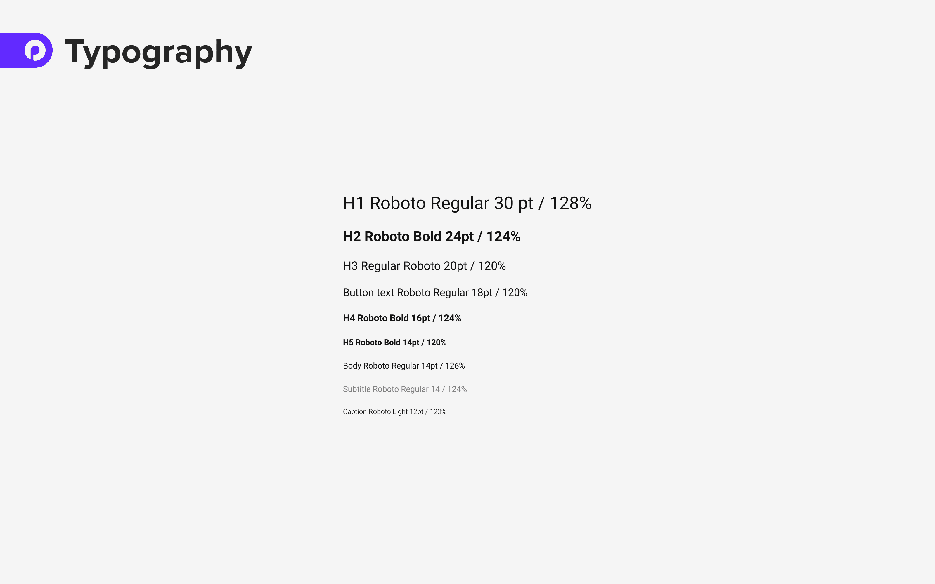 Typography guide featuring various font styles and sizes of the Roboto typeface, with specifications for heading and body text.