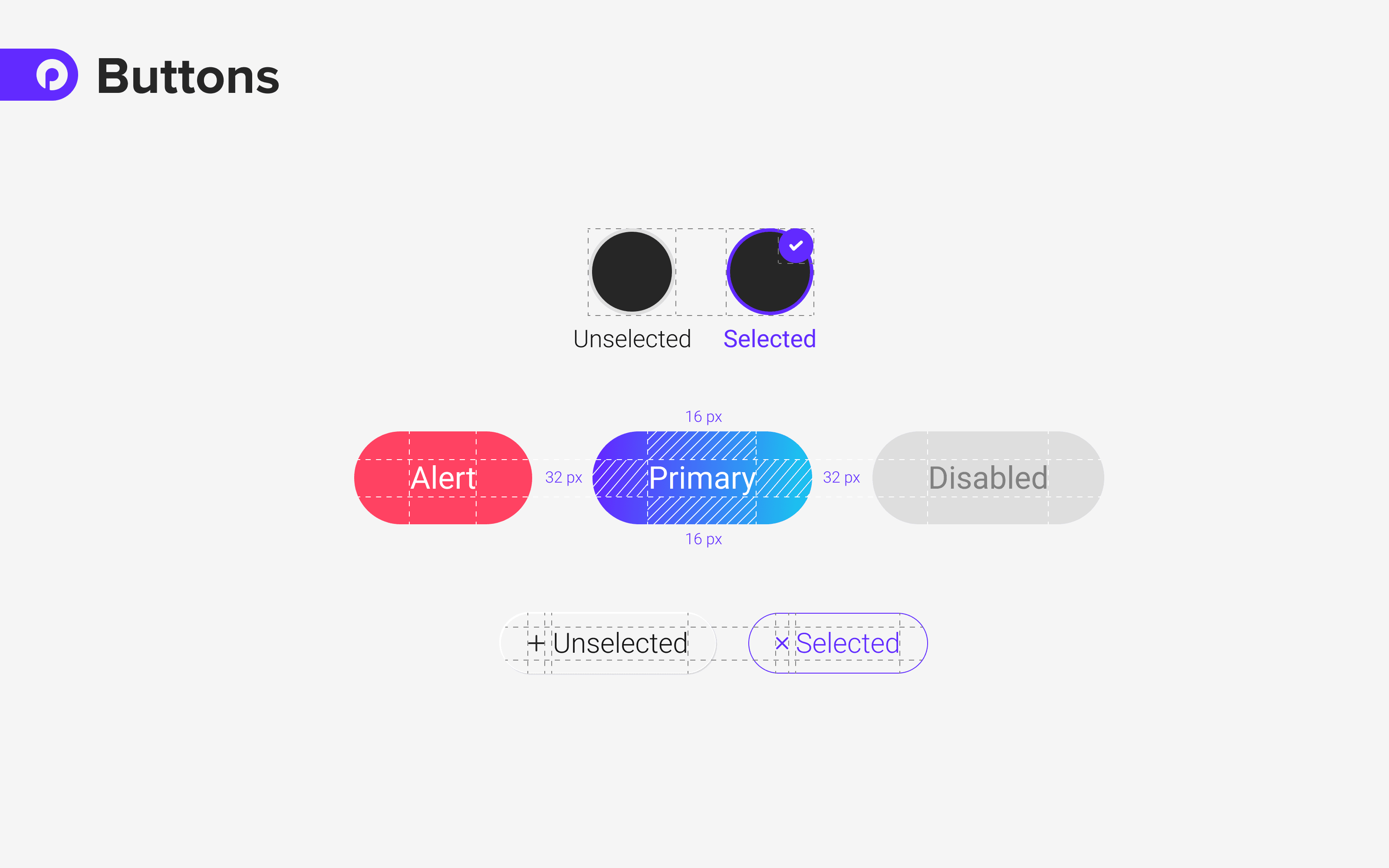 Examples of button designs from the design system, including various states such as "unselected," "selected," "alert," "primary," and "disabled" with different colors and styles, including measurements and effects.