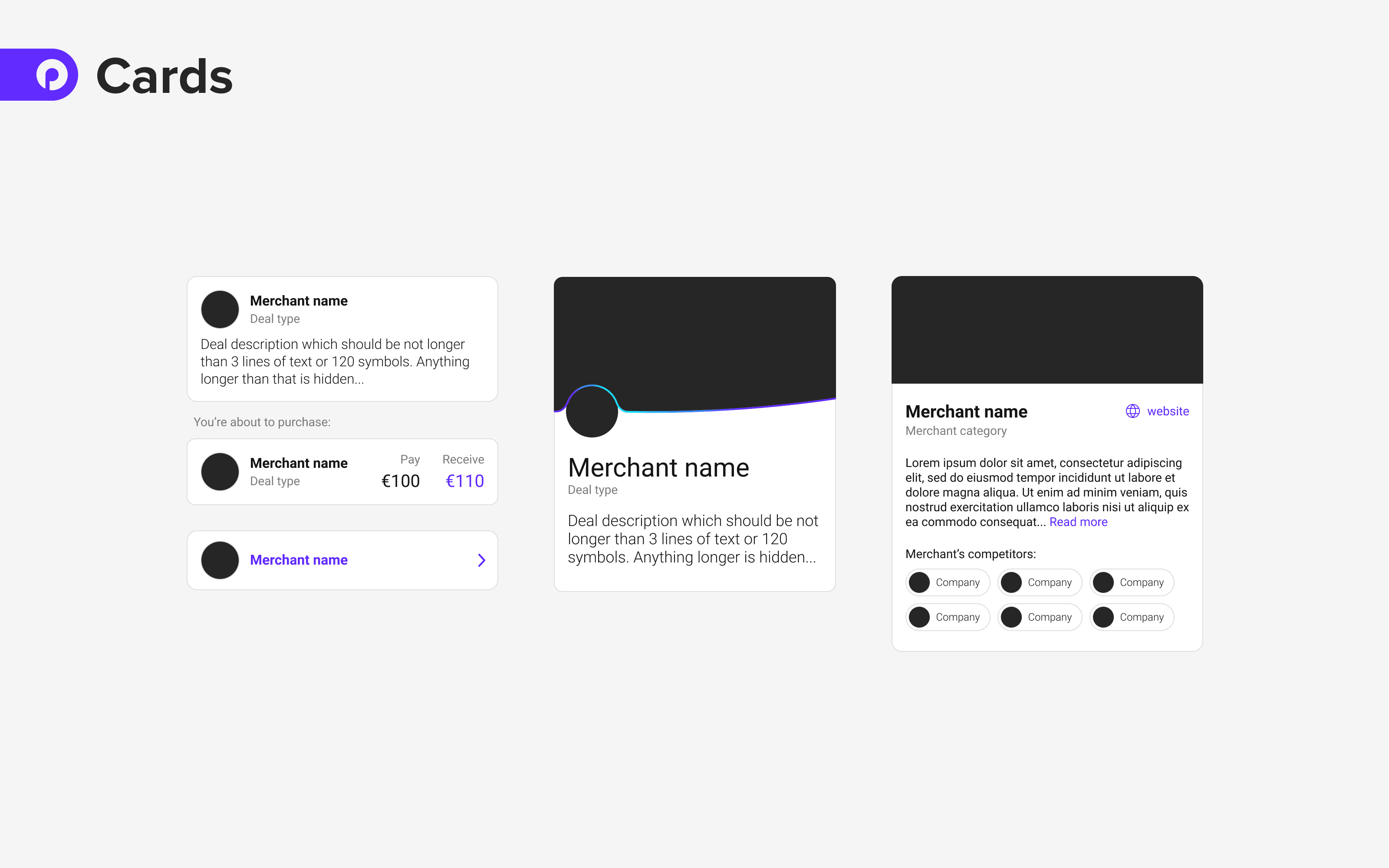 Examples of card designs from the optiopay design system.