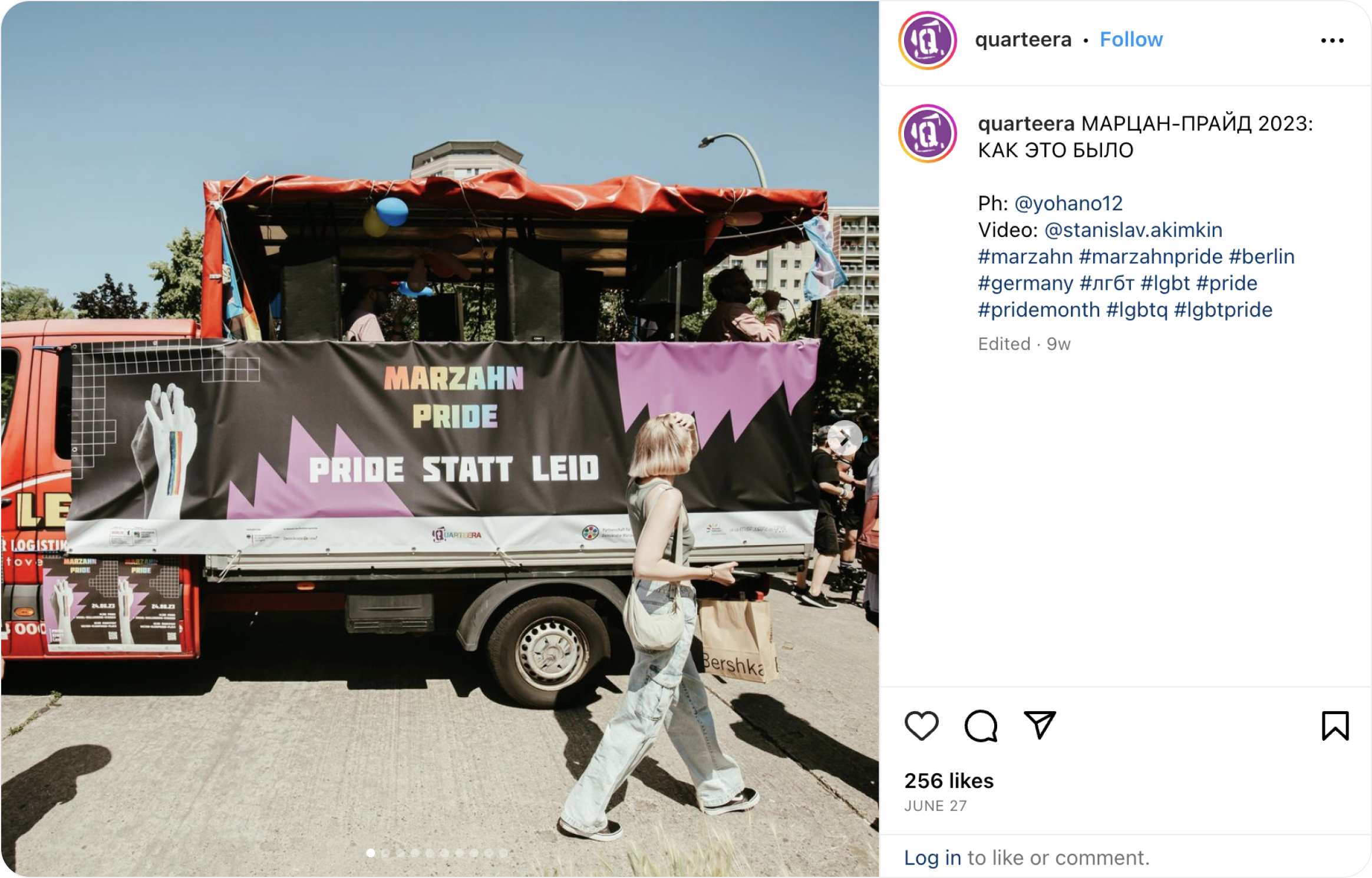 Social media post screenshot from quarteera's instagram. Shows a truck with marzahn pride banner