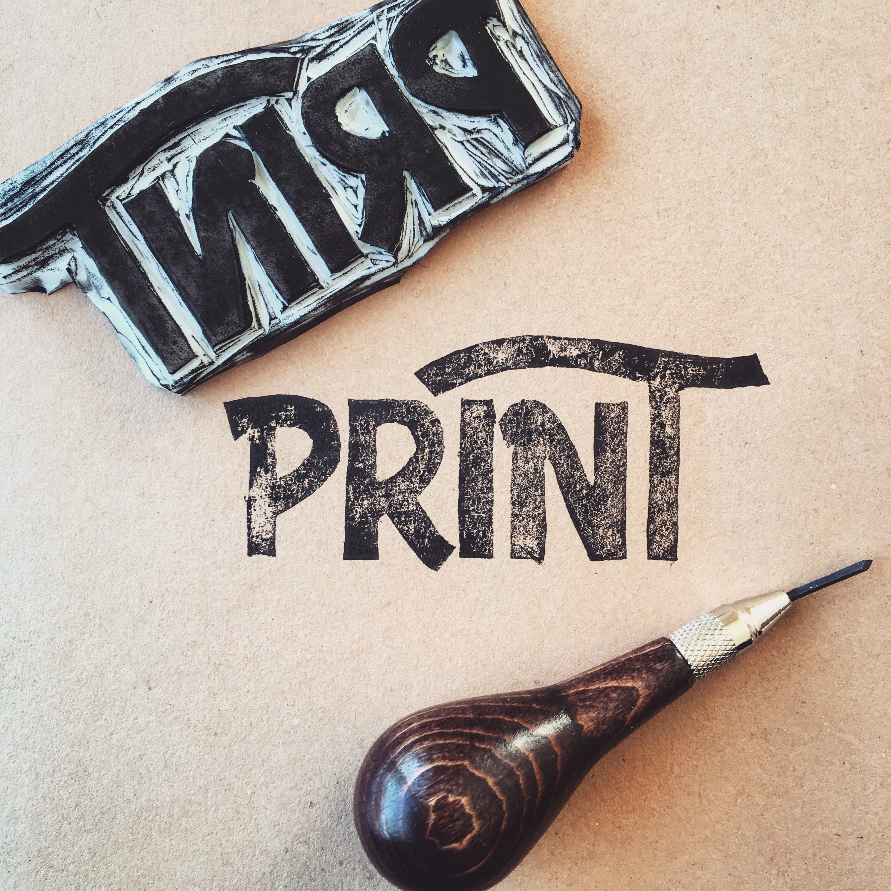 Hand-made linocut stamp "Print"