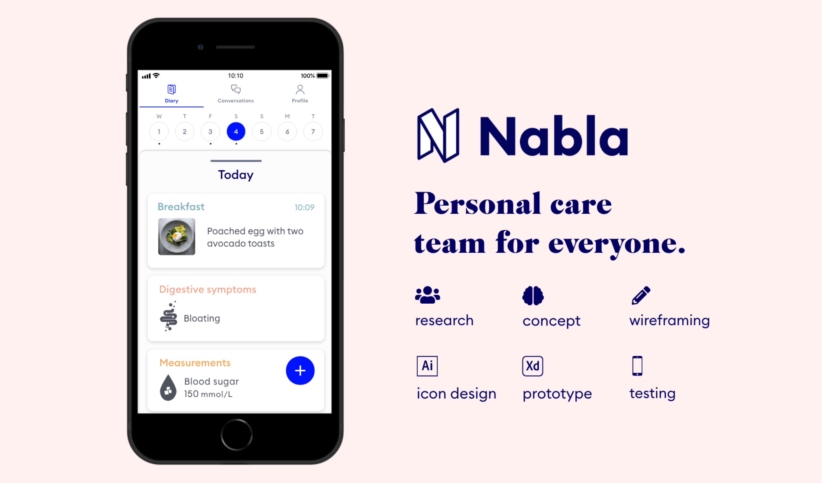 Nabla. Title: personal care for everyone. Text below: research, concept, wireframing, icon design, prototype, testing. Image on the left: mockup of UI