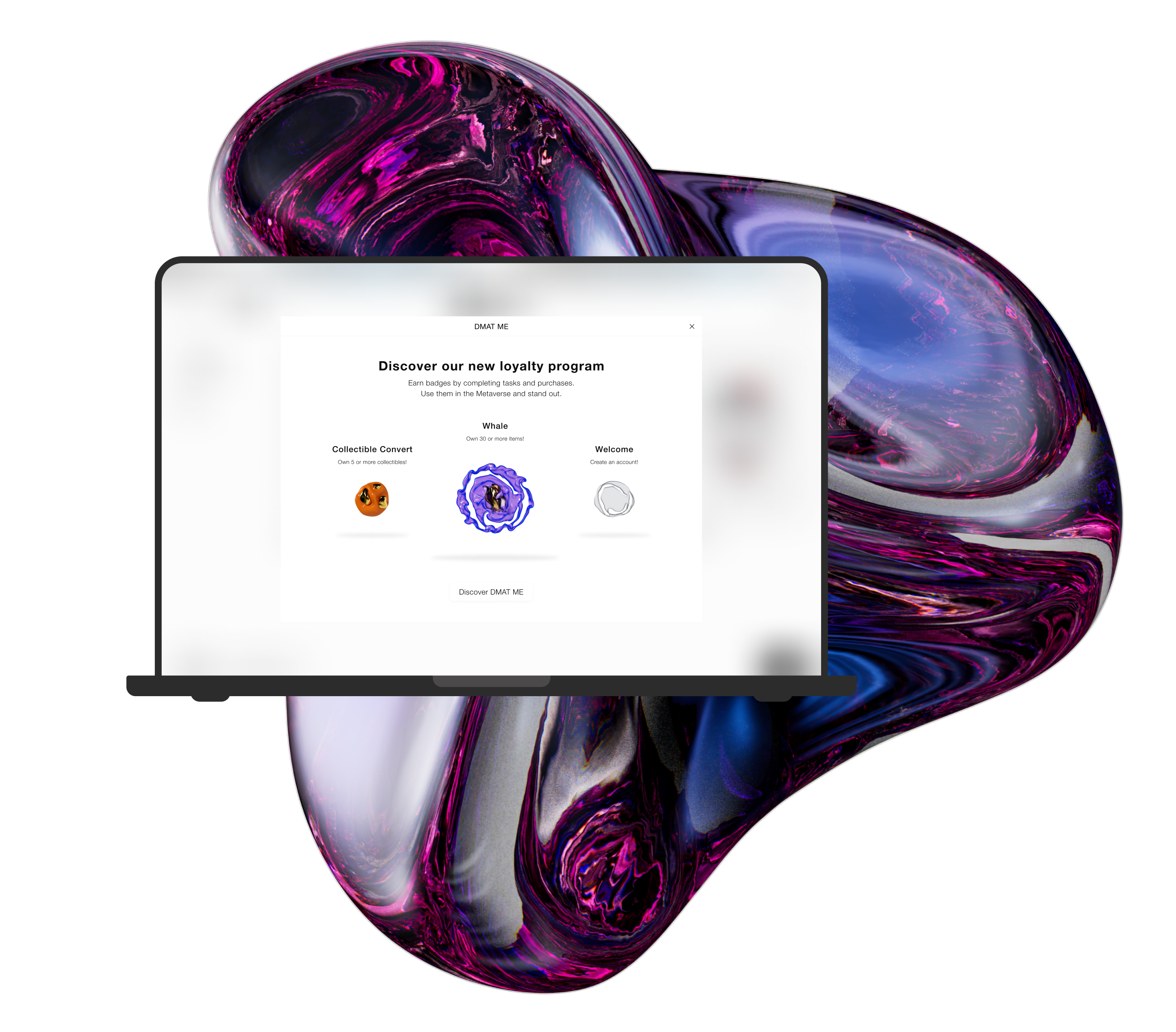 A laptop mockup with a loyalty program UI design place on an abstract shape background