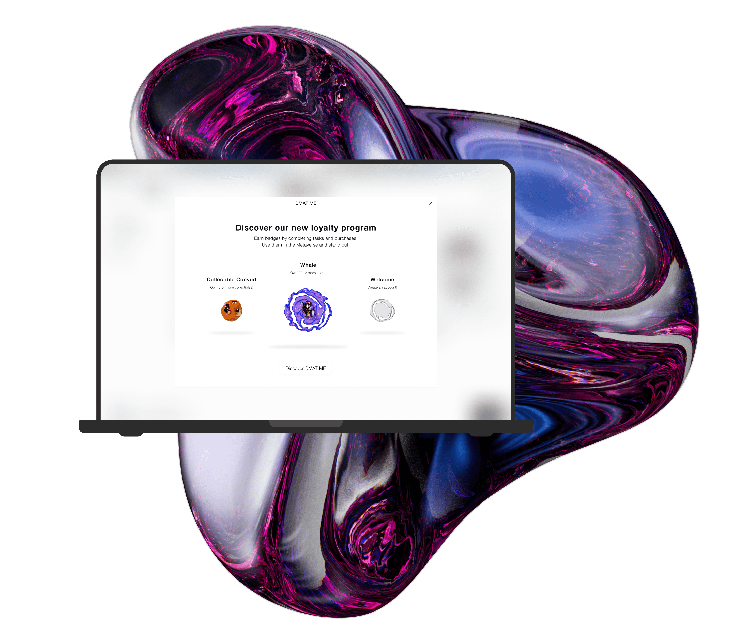 A laptop mockup with a loyalty program UI design place on an abstract shape background