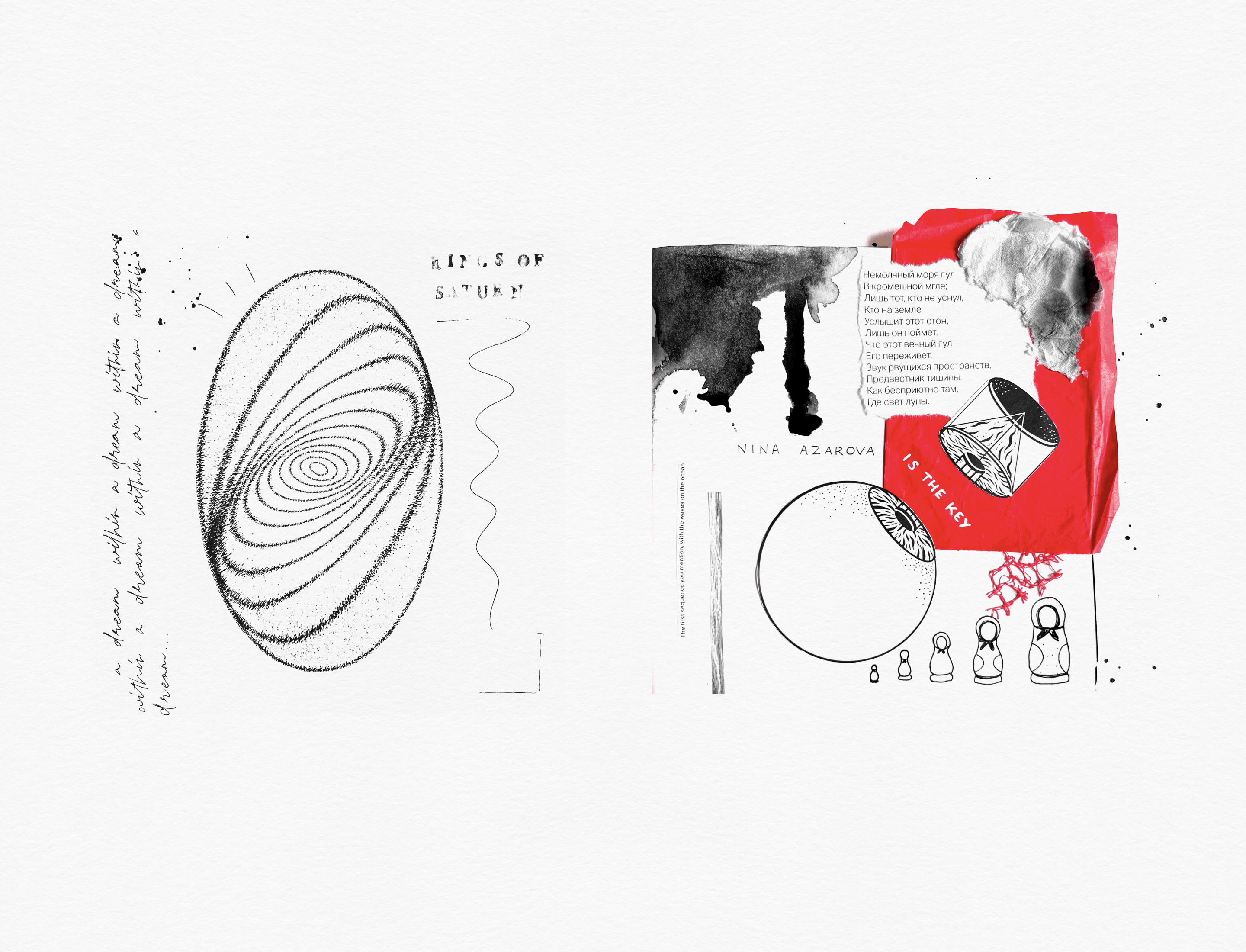 Collage inspired by the OA. Saturn rings on the left and Nina Azarova on the right