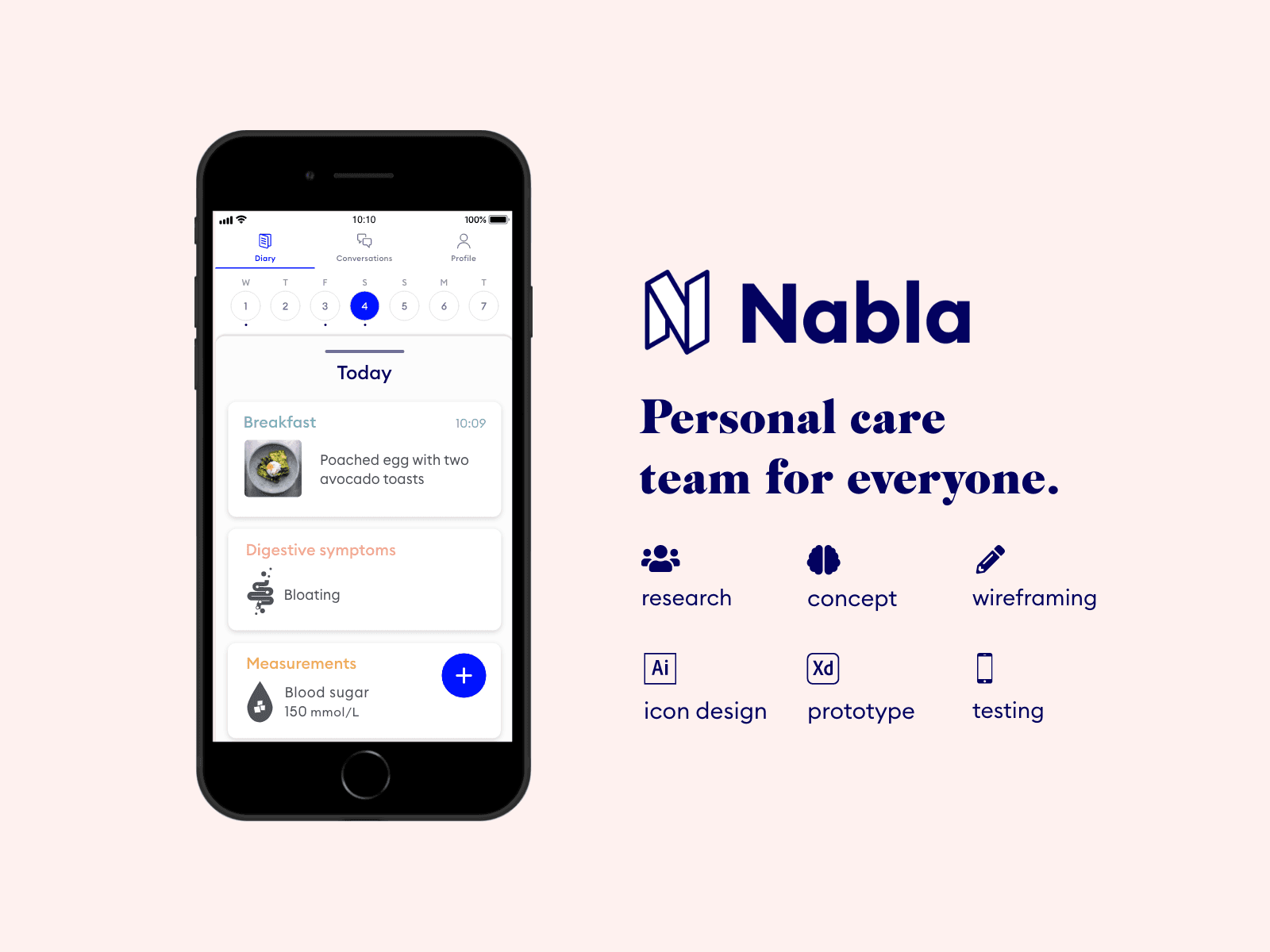 Nabla. Title: personal care for everyone. Text below: research, concept, wireframing, icon design, prototype, testing. Image on the left: mockup of UI